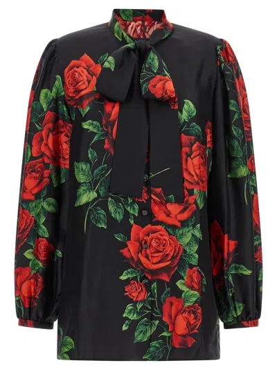 Dolce & Gabbana Silk Rose Floral Print Lavalliere Blouse In Multi