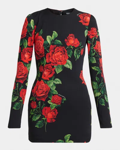 Dolce & Gabbana Rose-print Silk Long-sleeve Mini Dress In Black