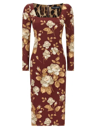Dolce & Gabbana Rose-print Silk Satin Dress In Burgundy