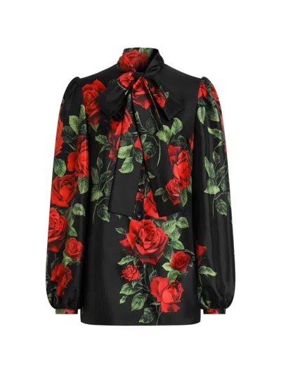 Dolce & Gabbana Rose-print Silk Shirt In Black
