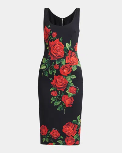 Dolce & Gabbana Rose-print Sleeveless Midi Cocktail Dress In Multi