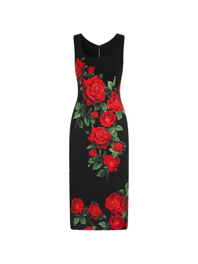 Dolce & Gabbana Rose-print Sleeveless Midi Dress In Black