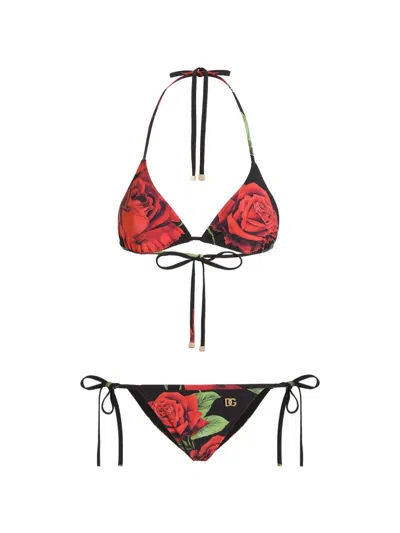Dolce & Gabbana Rose-print Triangle Bikini In Multi