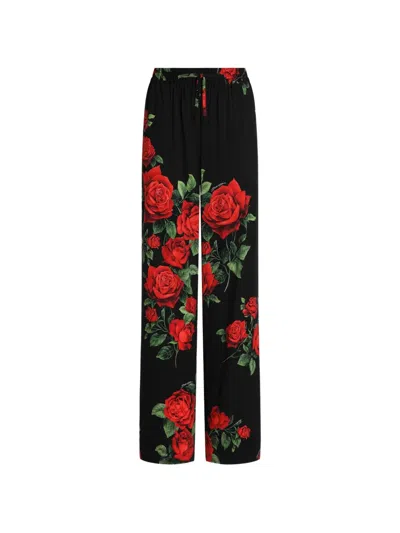Dolce & Gabbana Rose-print Vanity Silk Trousers In Black