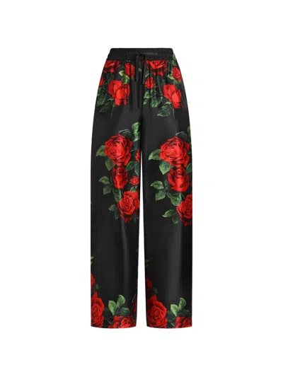 Dolce & Gabbana Rose-print Vanity Silk Trousers In Black