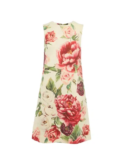 Pre-owned Dolce & Gabbana Rose-print Wool Midi Dress In Neutral