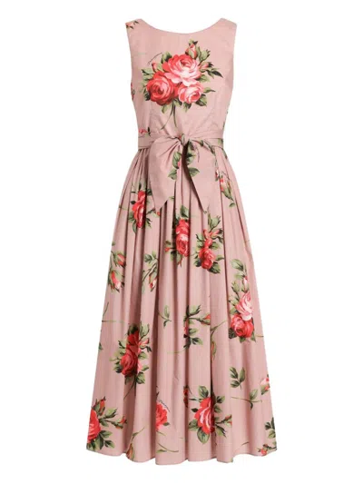 Dolce & Gabbana Abito Midi In Cotone Rosa Con Stampa Fiori Dolce E Gabbana In Pink