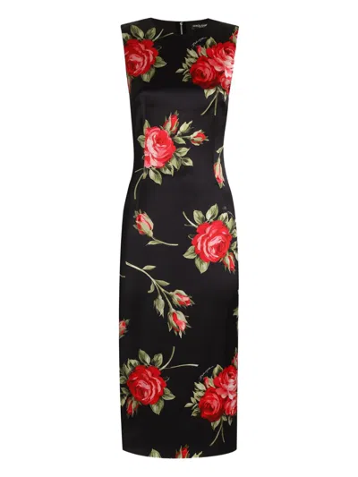 Dolce & Gabbana Women Black Dress With All-over Floral Print In Silk Woman In Multi