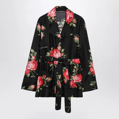 Dolce & Gabbana Roses Bouquet Print Silk Shirt In Black