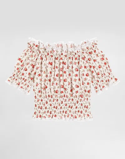 Dolce & Gabbana Kids' Roses-print Poplin Blouse In White