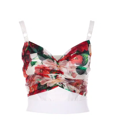 Dolce & Gabbana Bustier Top In Marquisette And Chiffon With Rose Print In White