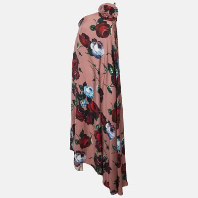 Pre-owned Dolce & Gabbana Rosette Floral Print Silk Asymmetric One-shoulder Dress S In Red