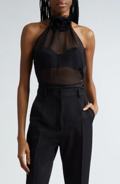 Dolce & Gabbana Rosette Silk Blend Chiffon Halter Top In Nero