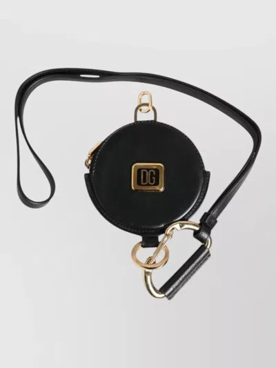 Dolce & Gabbana Round Leather Coin Purse Logo Lanyard Wallet In Black