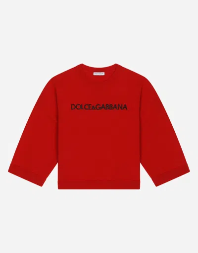 Dolce & Gabbana Kids' Round-neck Pullover With Logo Embroidery In Red