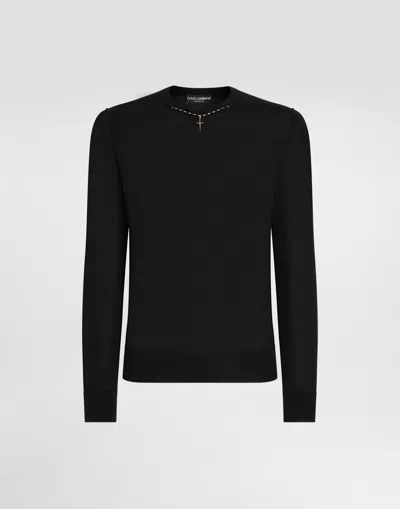 Dolce & Gabbana Round-neck Silk Sweater With Bejeweled Detailing In Black