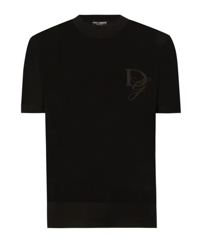Dolce & Gabbana Chest Embroidered-logo Cashmere T-shirt In Black