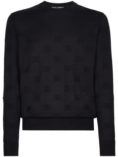 Dolce & Gabbana Round-neck Sweater With All-over Dg In Blue