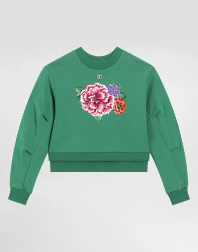 Dolce & Gabbana Round-neck Sweatshirt With Flower And Dg Logo In Green