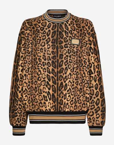 DOLCE & GABBANA ROUND-NECK SWEATSHIRT WITH LEOPARD-PRINT CRESPO AND TAG