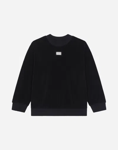 Dolce & Gabbana Round-neck Terrycloth Sweatshirt With Logo Tag In Black