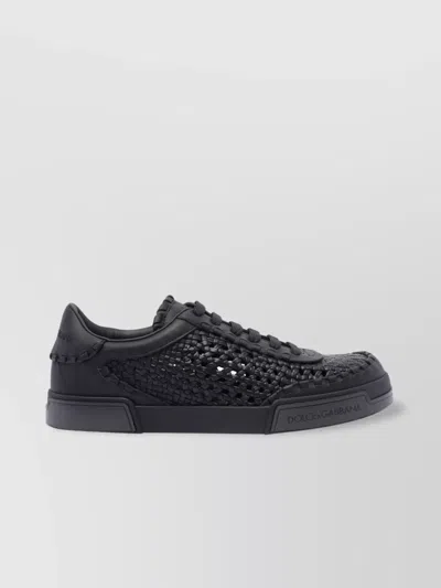 Dolce & Gabbana Round Toe Leather Low Top Sneakers In Black