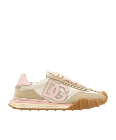 Dolce & Gabbana Dg Athletic Sneakers In Ivory And Pink Fabric And Leather In Multi