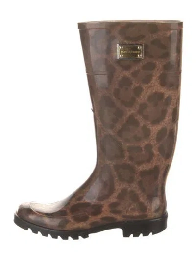 Pre-owned Dolce & Gabbana Rubber Animal Print Rain Boots In Brown