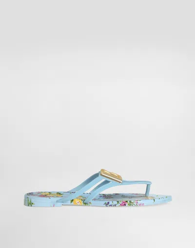 Dolce & Gabbana Rubber Beachwear Slides With Logo And Little Flowers Print In Blue