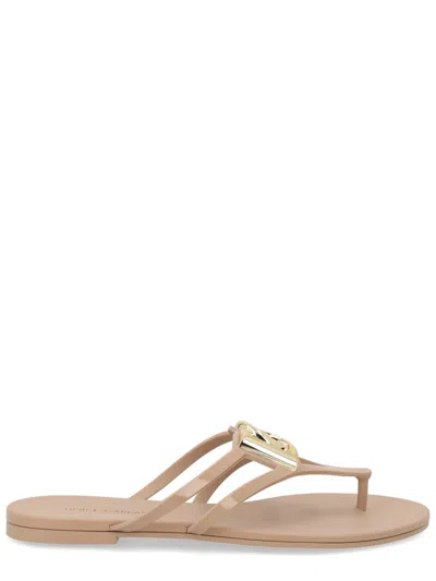 Dolce & Gabbana Rubber Beachwear Slides With Logo For Women In Sand