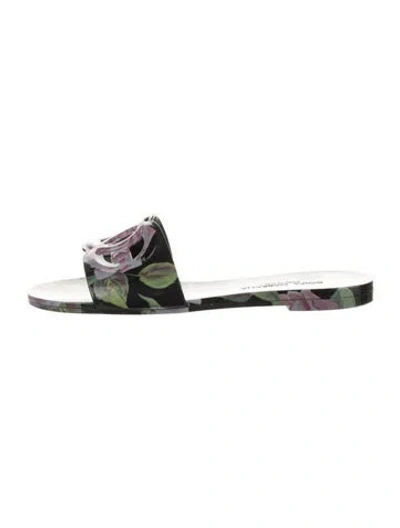 Pre-owned Dolce & Gabbana Rubber Floral Print Slides In Green