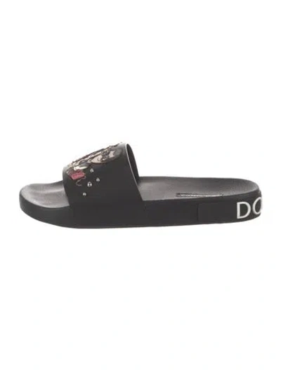 Pre-owned Dolce & Gabbana Rubber Graphic Print Slides In Black