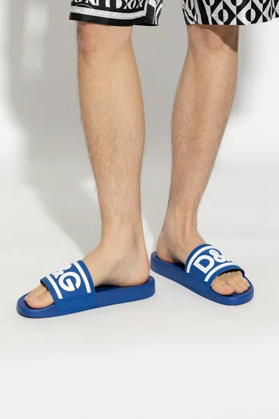 Dolce & Gabbana Rubber Beachwear Sliders With Dg Logo In Blue