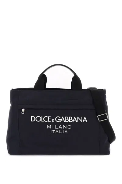 Dolce & Gabbana Rubberized Logo Nylon Duffle Bag In Blu