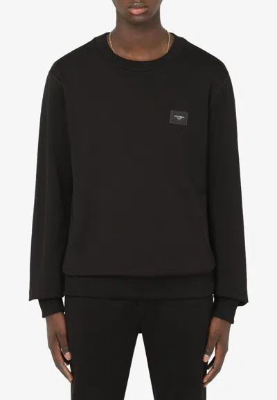 Dolce & Gabbana Rubberized Logo Plate Cotton Pullover Sweatshirt In Black