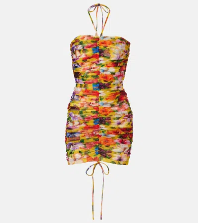 Dolce & Gabbana Ruched Floral Halterneck Minidress In Multi