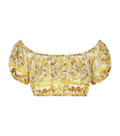 Dolce & Gabbana Ruched Majolica Crop Top In Yellow