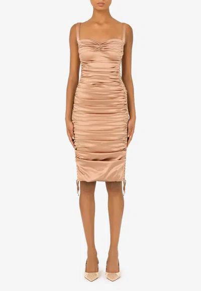 Dolce & Gabbana Ruched Midi Dress In Satin In Nude