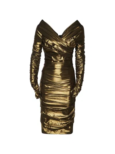 Pre-owned Dolce & Gabbana Ruched Off-the-shoulder Midi Dress In Gold