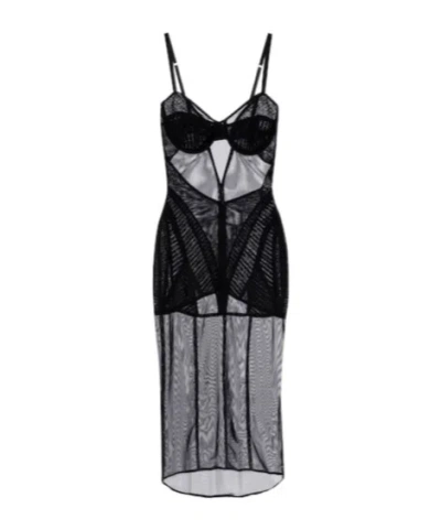 Dolce & Gabbana Ruched Sheer Tulle Midi Dress In Black
