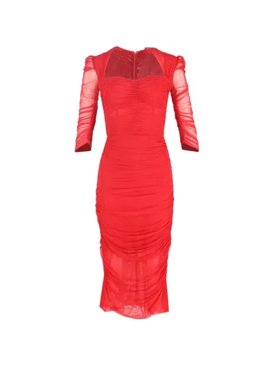 Pre-owned Dolce & Gabbana Ruched Tulle Dress In Red