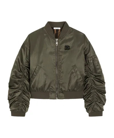 Dolce & Gabbana Kids' Ruched-detail Logo-patch Jacket In Green