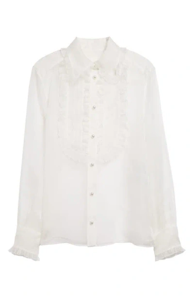 Dolce & Gabbana Ruffle Bib Silk Button-up Shirt In W0001 Bianco Naturale