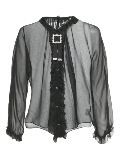 Pre-owned Dolce & Gabbana Ruffle Jewel Blouse In Black