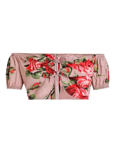 Dolce & Gabbana Ruffled Cotton Raglan Shirt With Center-back Zip In Rosa