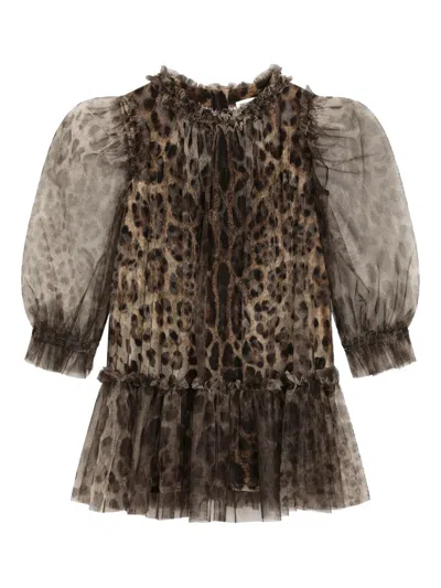 DOLCE & GABBANA RUFFLED-DETAIL LEOPARD-PATTERN DRESS