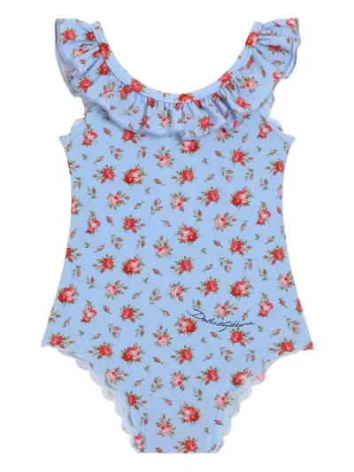 Dolce & Gabbana Babies' Ruffled Floral Swimsuit In Blue