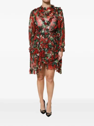 Dolce & Gabbana Silk Floral Ruffle Long Sleeve Mini Dress In Red