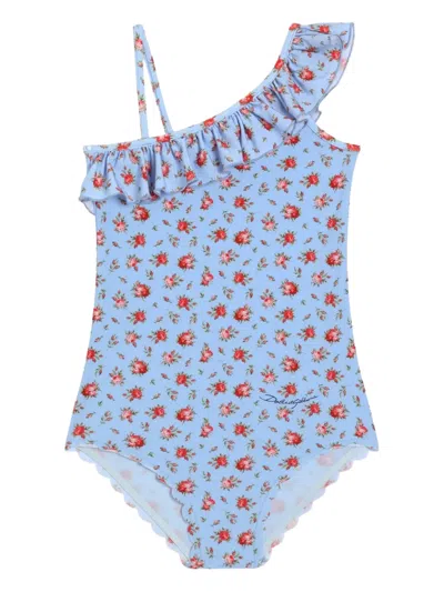 Dolce & Gabbana Kids' Small Rose-print One-piece Swimsuit In Blue