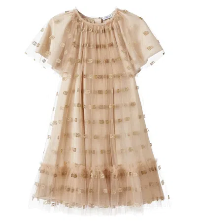 Dolce & Gabbana Kids' Ruffled Logo Embroidered Tulle Dress In Gold